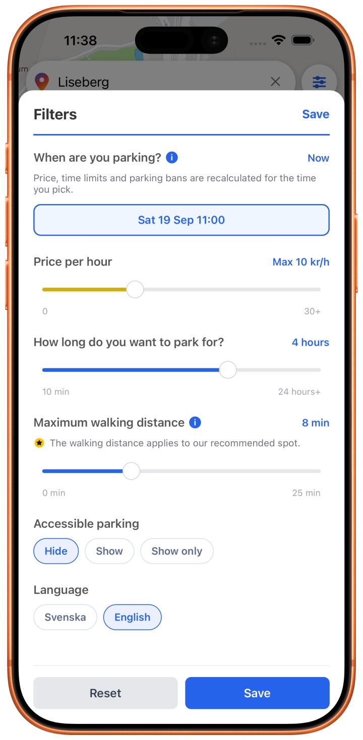 The filter panel in Rutis. At the top you choose when the parking applies, set to Saturday 19 September at 11:00. Then three sliders: price per hour at most 10 kronor, parking time 4 hours and walking distance 8 minutes. At the bottom you choose whether disabled parking is hidden, shown, or shown on its own, and which language the app uses.
