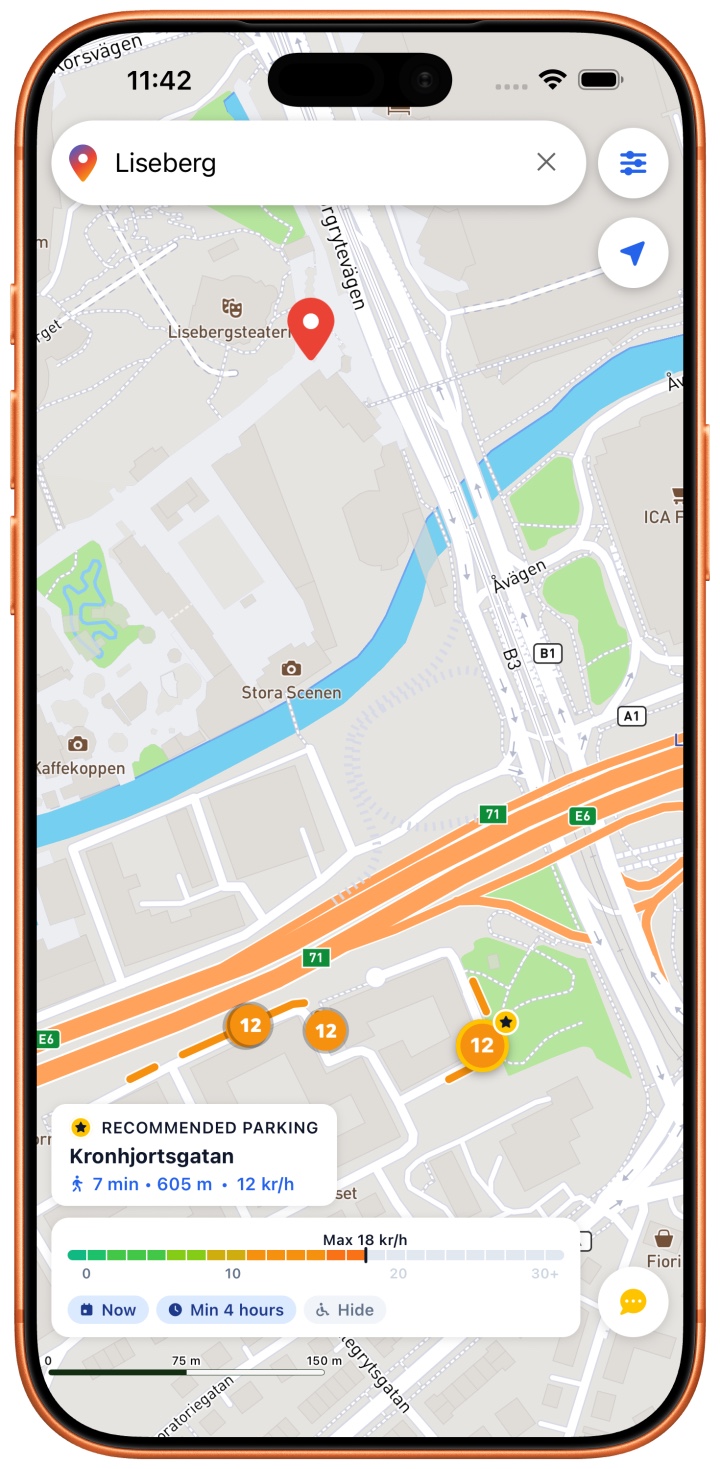 The map view in Rutis with Liseberg in Gothenburg as the destination, marked by a red pin. Around it the parking spaces sit as coloured markers with the price in kronor per hour written inside them, orange twelves and eighteens. The space Rutis picks is ringed in gold with a star, and a card at the bottom names it: Kronhjortsgatan, a seven-minute walk, 605 metres, 12 kronor an hour.