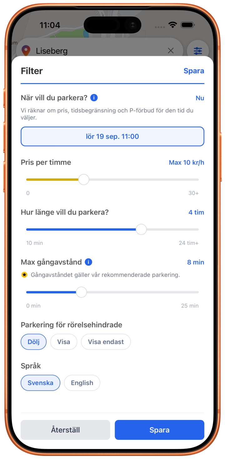 Filterpanelen i Rutis. Överst väljer man när parkeringen gäller, satt till lördag 19 september 11:00. Sedan tre reglage: pris per timme högst 10 kronor, parkeringstid 4 timmar och gångavstånd 8 minuter. Längst ned väljer man om parkering för rörelsehindrade ska döljas, visas eller visas ensam, och vilket språk appen ska använda.